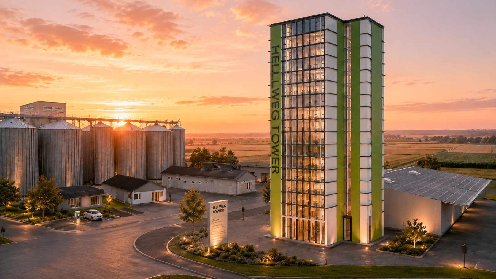 Hellweg Tower Visualisierung – modernes Hochhaus mit grüner Fassade im Sonnenuntergang, Geseke-Langeneicke
