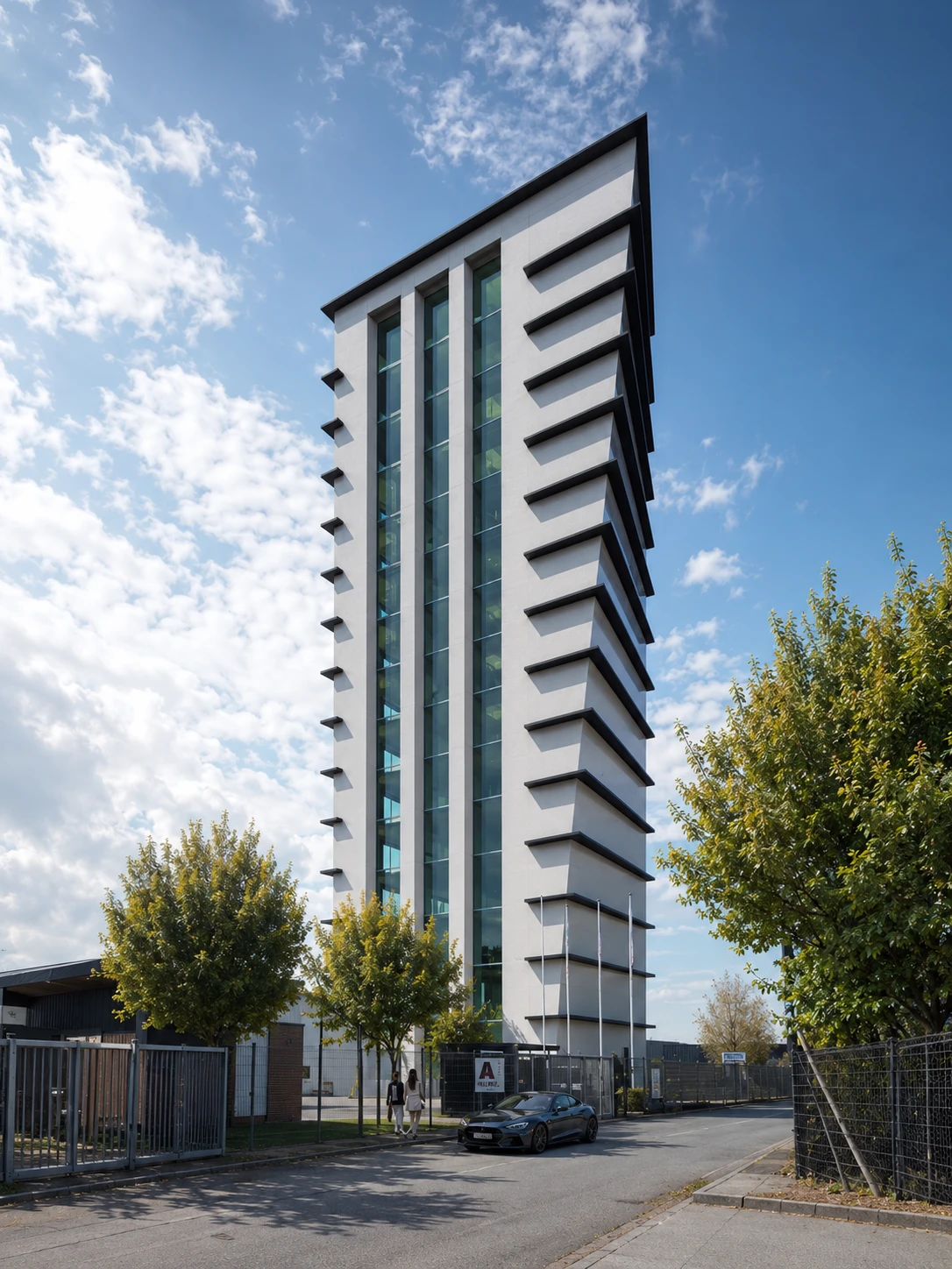 Hellweg Tower Seitenansicht – modernes Hochhaus mit grüner Fassade in Geseke-Langeneicke